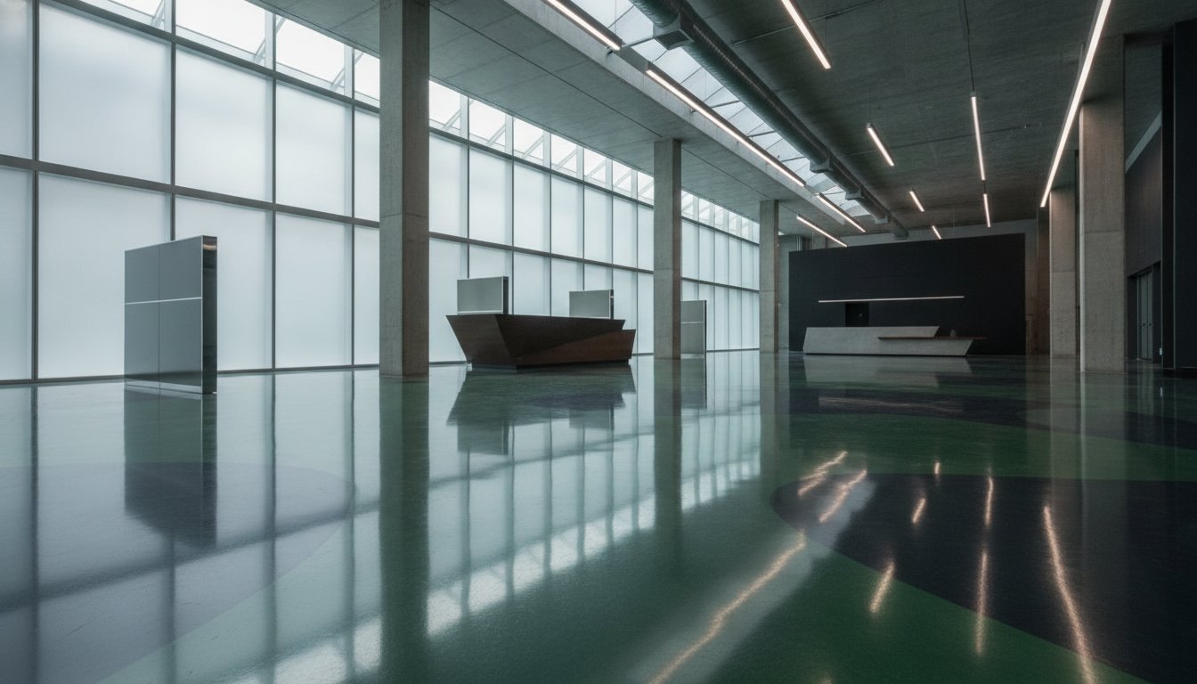 High-end, professional photography of a vast, glossy polished concrete floor in a modern commercial facility.