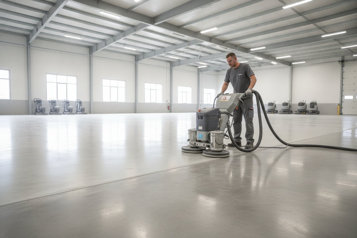 A professional floor technician using an industrial floor machine.