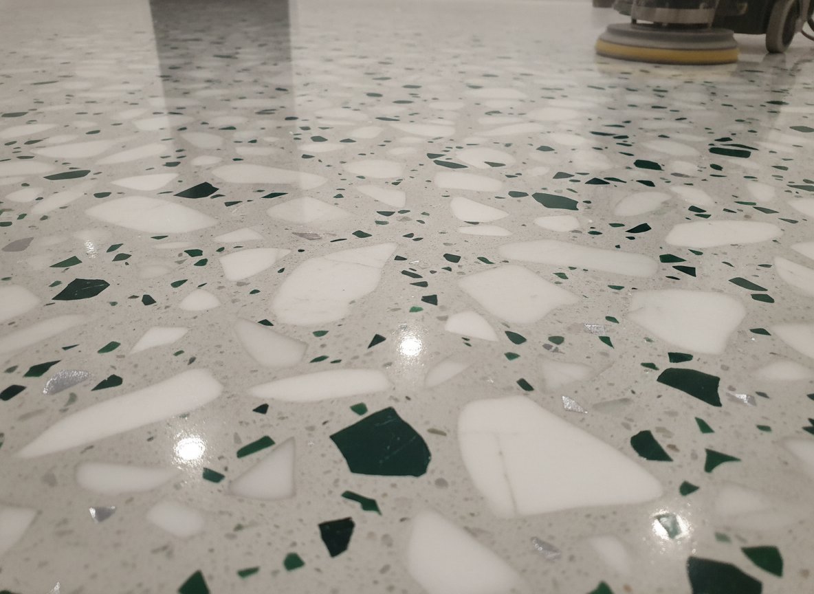 Close-up of a high-gloss terrazzo floor.