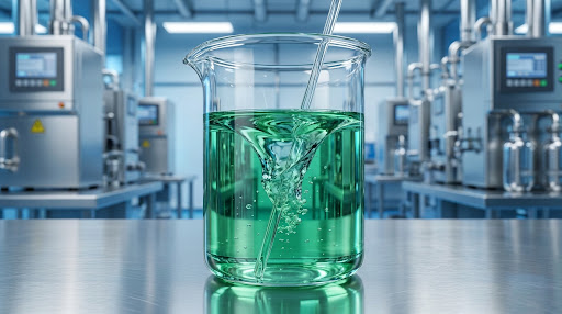 Laboratory beaker of green chemical solution being tested for formulation quality.