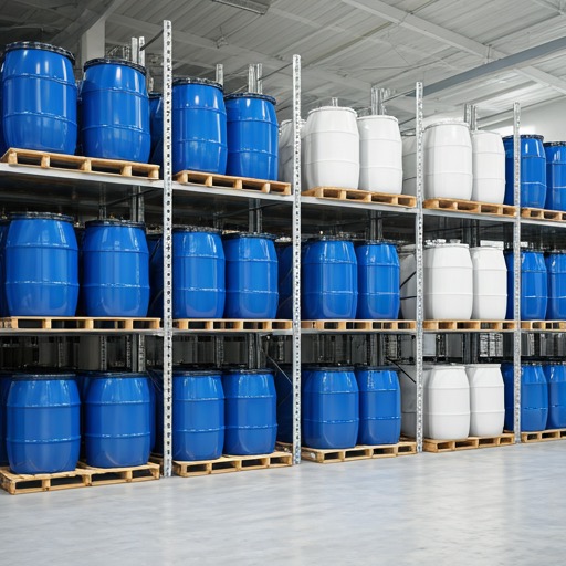 Rows of large industrial plastic chemical drums organized neatly on heavy-duty warehouse shelving.